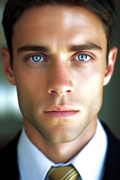 A man with blue eyes and a white shirt