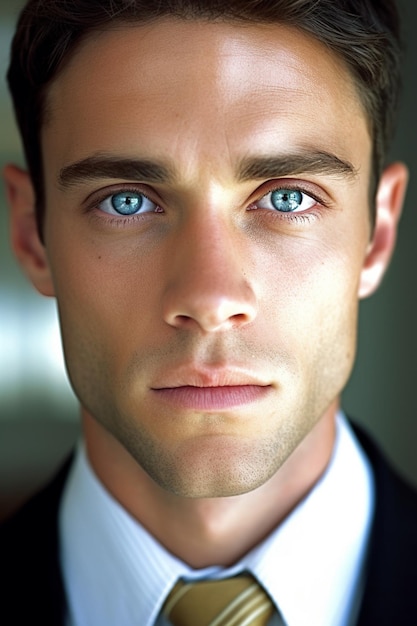 A man with blue eyes and a white shirt