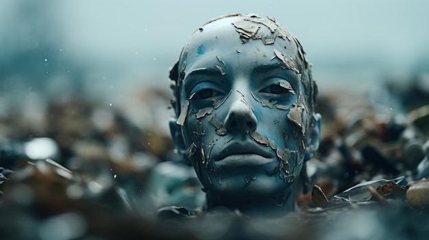 Foto un uomo con la faccia blu e la barba è circondato da detriti ai