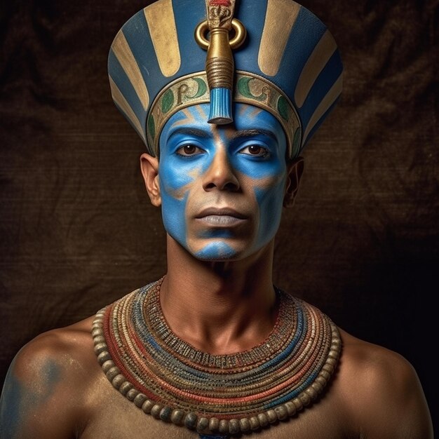 a man with a blue face and a blue and gold hat.