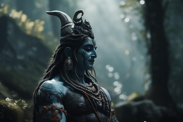 A man with blue face painted with horns stands in a forest