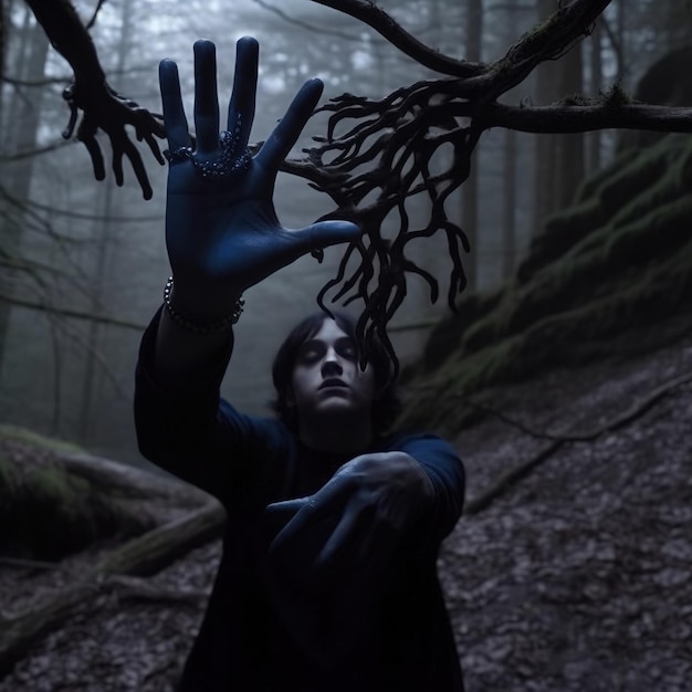 A man with a blue glove is standing in a forest.