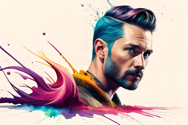 A man with a blue haircut and a rainbow colored hair.