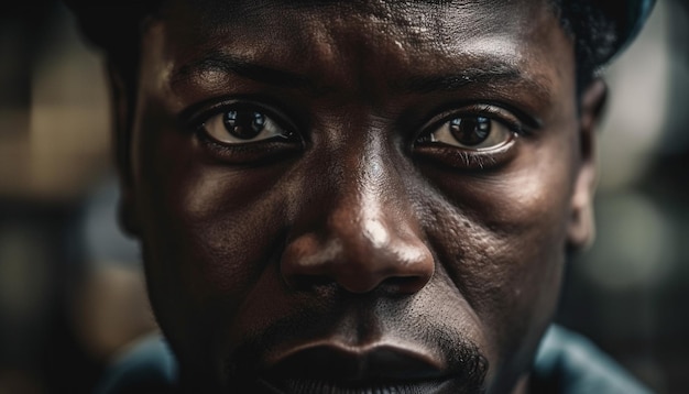 A man with a blue shirt and black eyes looks into the camera.