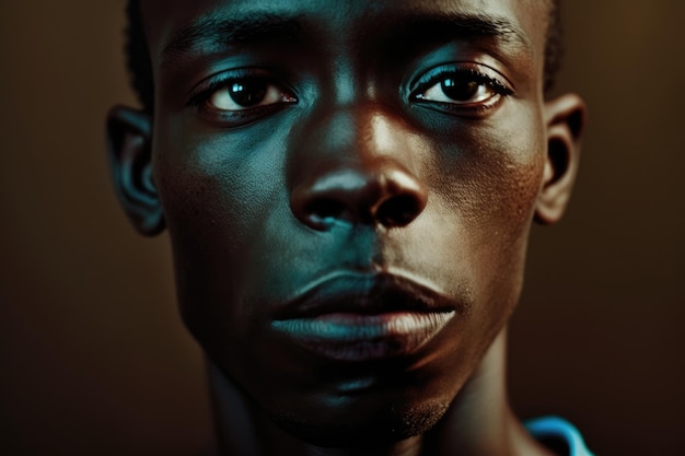 A man with a blue shirt and black eyes looks into the camera.