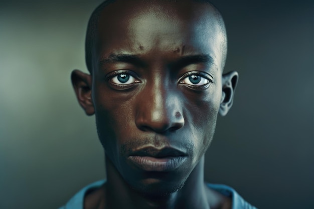 A man with a blue shirt and blue eyes looks into the camera.