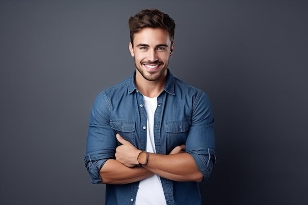 a man with a blue shirt on a gray background