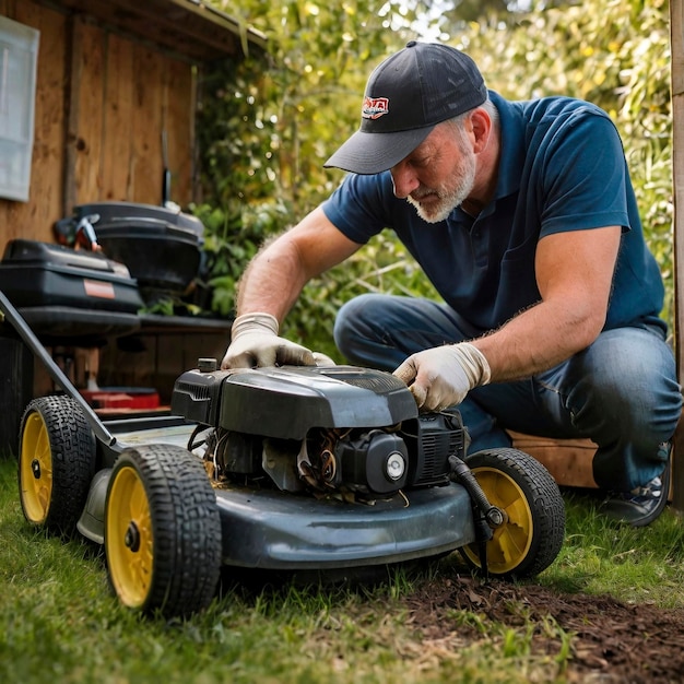 Photo a man with a blue shirt and a hat is working on a lawn mower