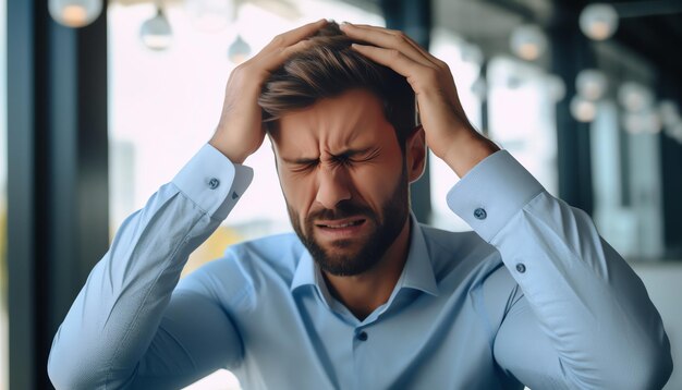 A man with a blue shirt holds his head in his hands.