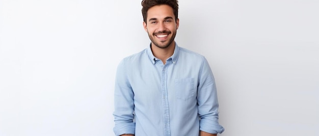 a man with a blue shirt smiling with a smile on his face