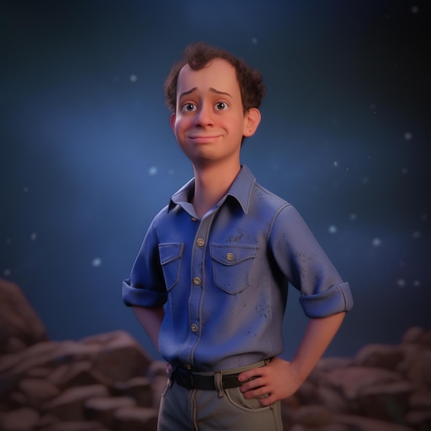 A man with a blue shirt that says'frozen'on it