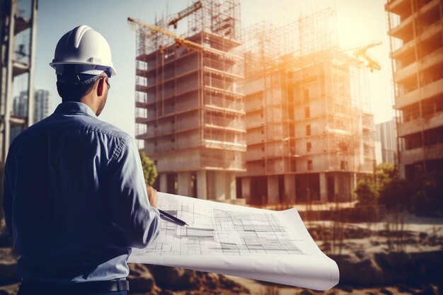 Photo a man with a blue shirt and white hat is looking at a building under construction