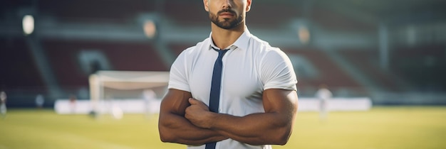 a man with a blue tie stands with his arms crossed.