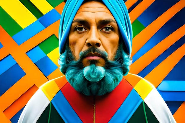 A man with a blue turban and a rainbow colored shirt