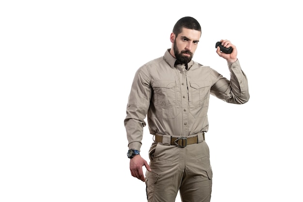 Man with a bomb in his hand on white background