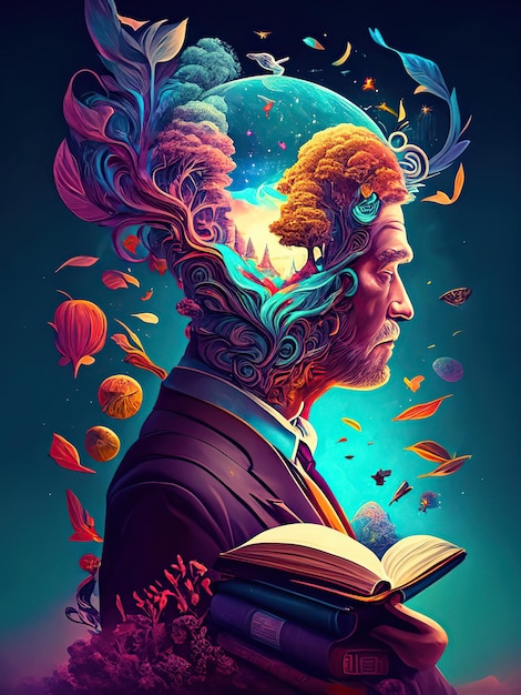 man with books and abstract paisa illustration on his head