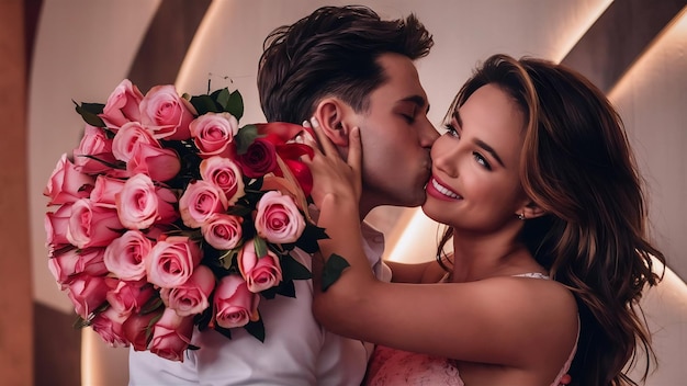 Foto uomo con un bouquet che bacia una donna