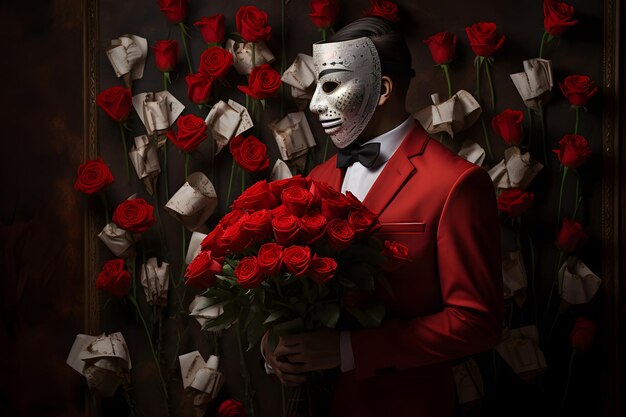 Photo man with bouquet of roses and venetian mask proposing on valentine's day