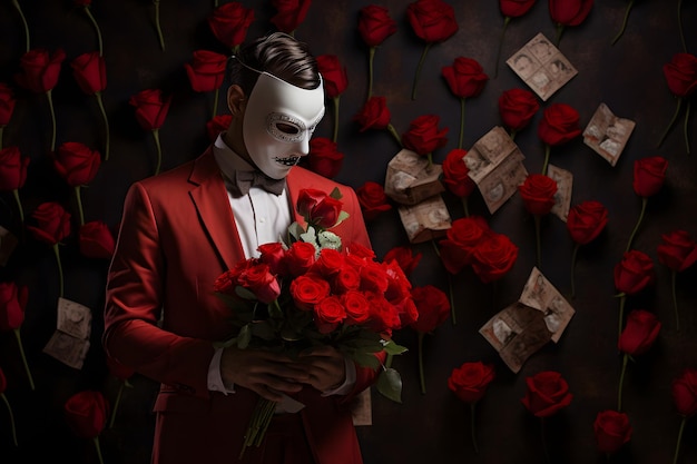 man with bouquet of roses and Venetian mask proposing on Valentine's Day