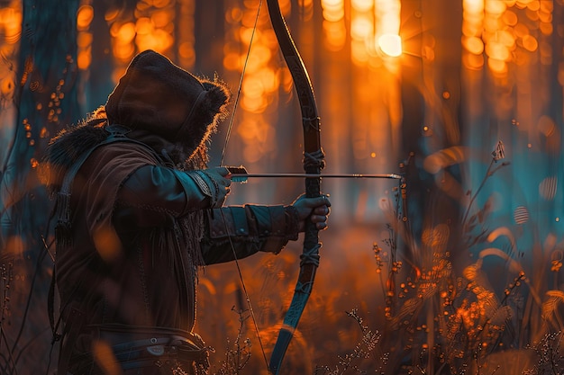 A man with a bow and arrow in the woods