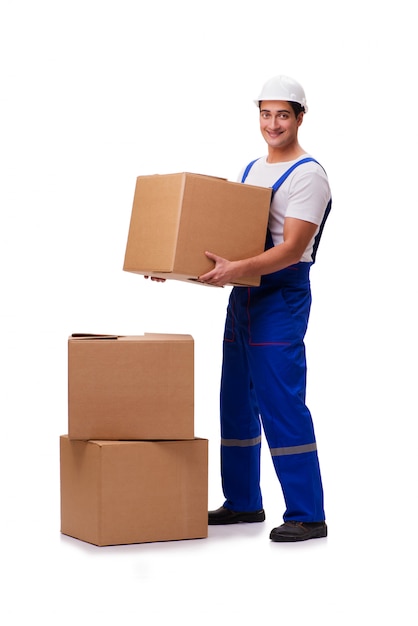 Man with boxes isolated on white