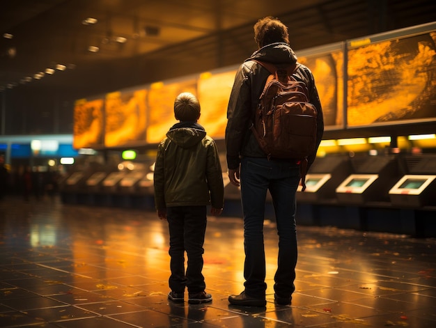 男の子と一緒に空港で旅行する観光客がターミナルで旅行する