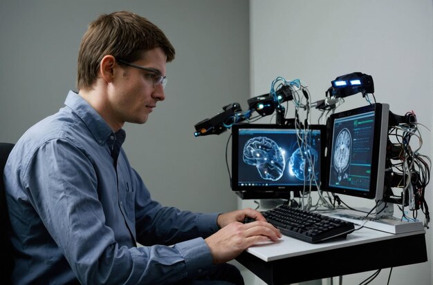 Photo man with braincomputer interface conducting research
