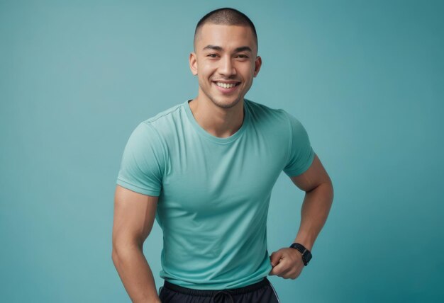 A man with a bright smile wearing a turquoise tee exudes a friendly and approachable vibe