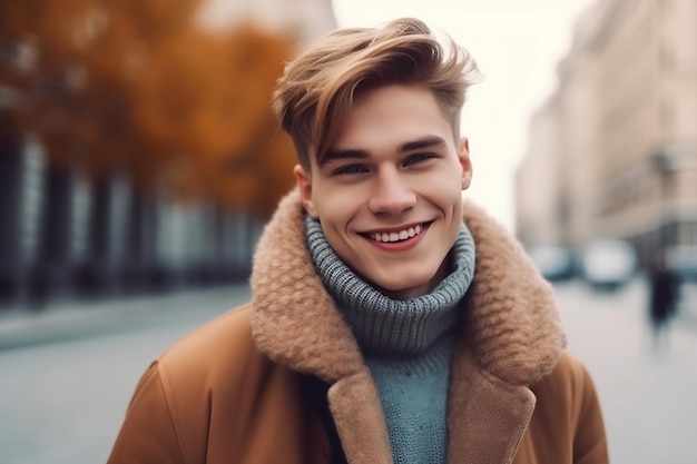 A man with a brown coat and a blue turtleneck.