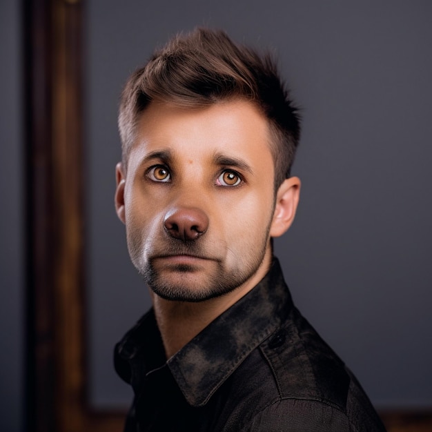 a man with a brown nose and a black shirt with a brown nose and a black shirt with a brown eye and a black collar.