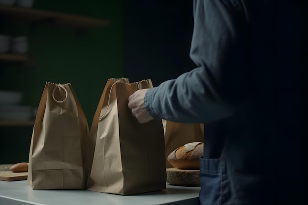 キッチン静物のスタイルで茶色の紙袋を持つ男性 生成 AI