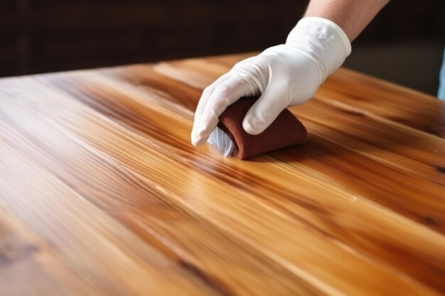 Man with brush applying wood stain onto wooden surface indoors closeup