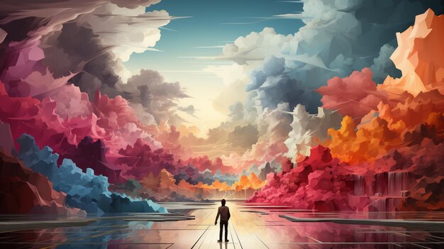 Человек с кистью и ведрами для краски стоит перед красочным облаком