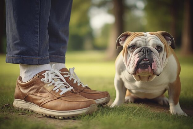 Man with bulldog walk in a summer park Generative AI