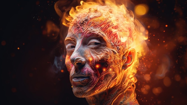 A man with a burning face and the word fire on his face.