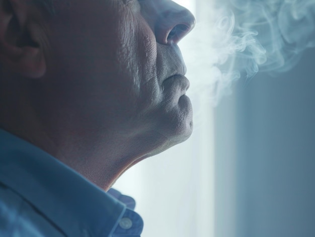 A man with a calm demeanor wears a blue shirt while smoking a cigarette