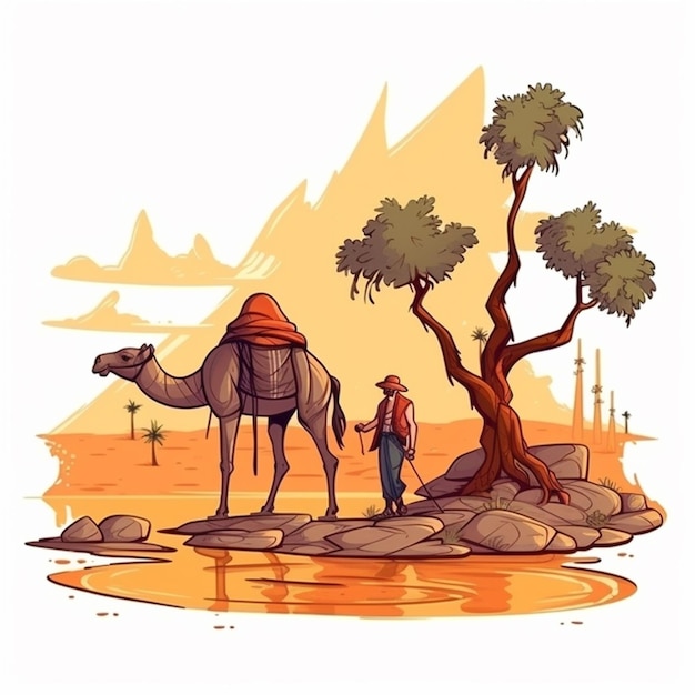 A man with a camel in the desert near a tree generative ai