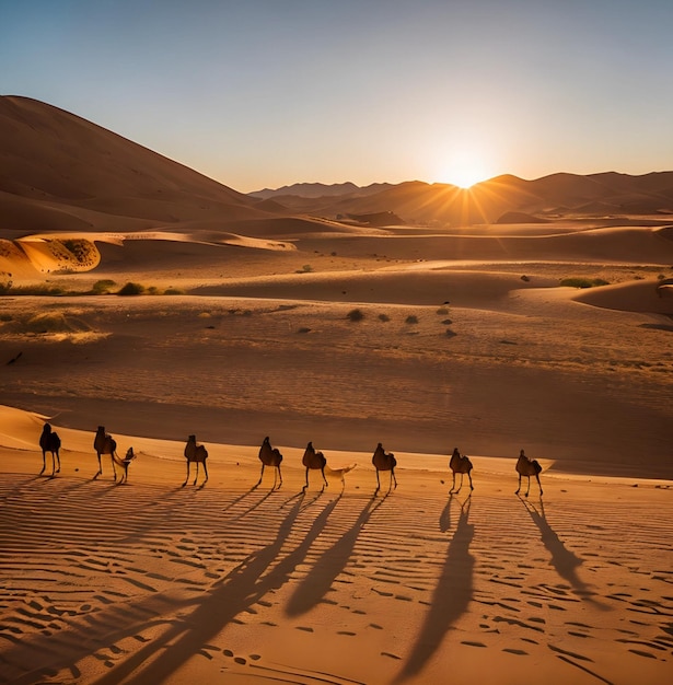 ラクダの砂漠と夕日の背景を持つ男