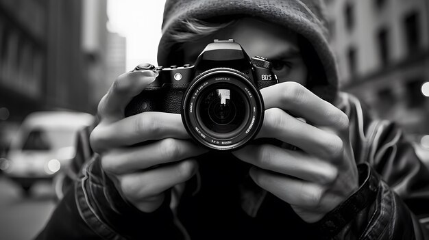 Man with camera in black and white colors