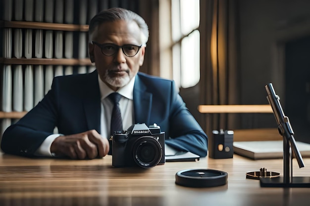 a man with a camera and a camera on the table