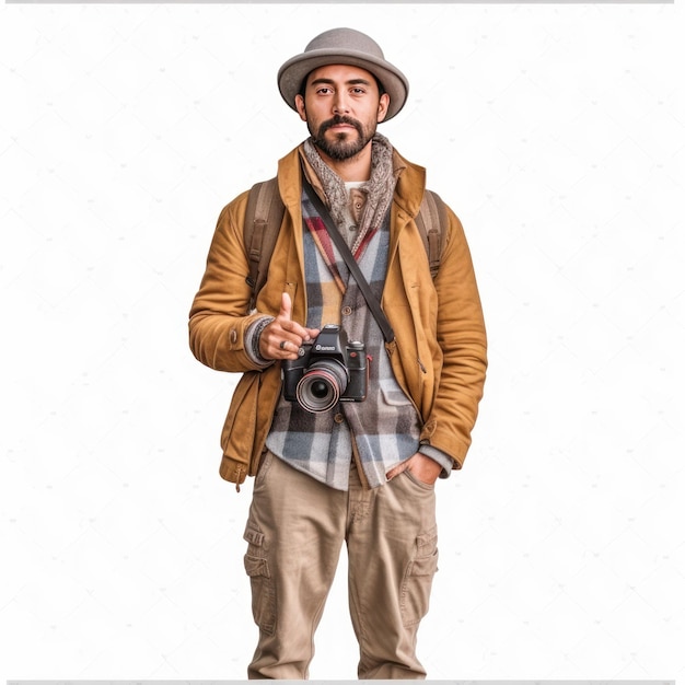 A man with a camera and a hat that says " the word photography " on it.