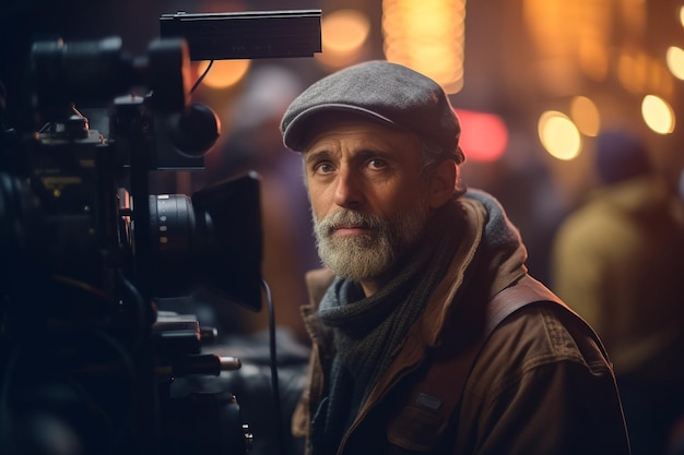 A man with a camera on his shoulder stands in a street