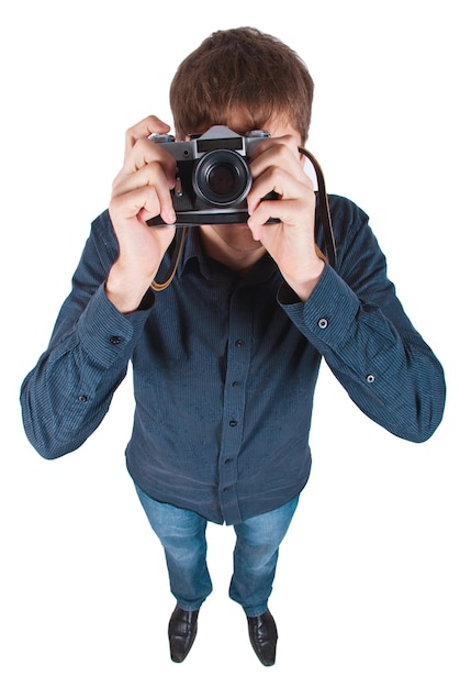 Man with camera isolated on a white background