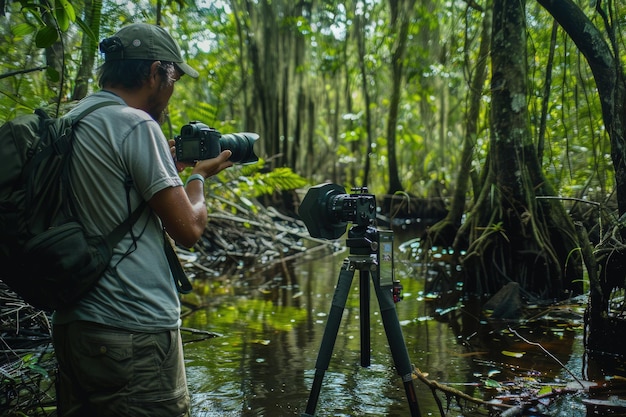 Photo a man with a camera in a swampy area