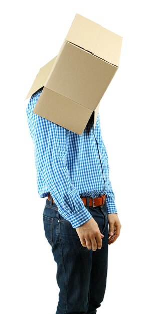 Photo man with cardboard box on his head isolated on white