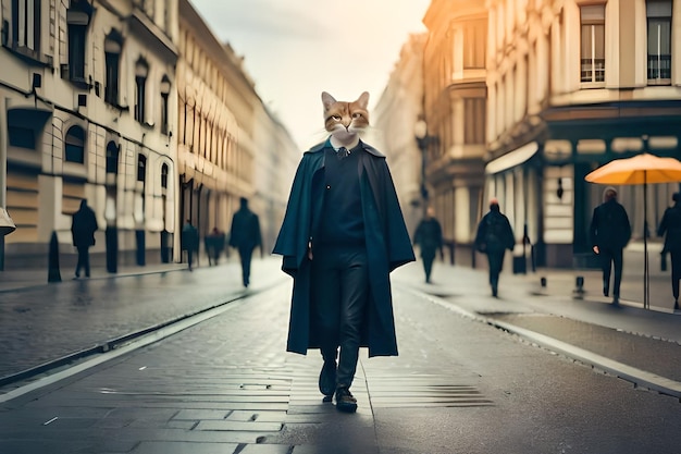 A man with a cat on his head walks down a street