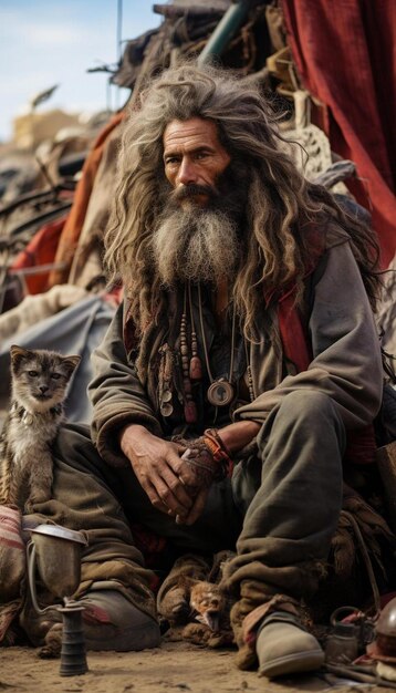 a man with a cat on his shoulder sits with a cat on his lap.