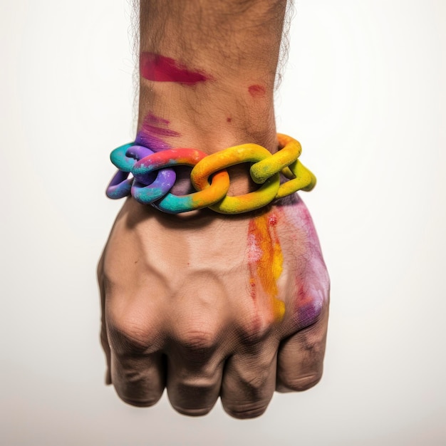 Man with chained hands and colorful paint splashes on his wrist