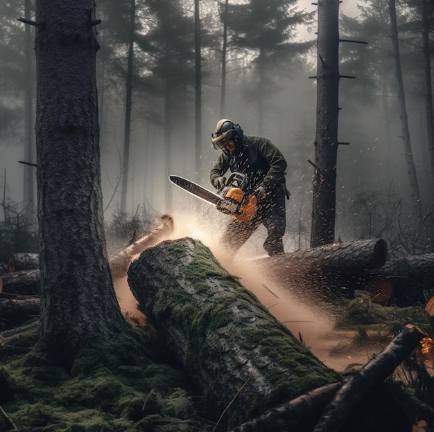 A man with a chainsaw is in a forest with trees and smoke around him.