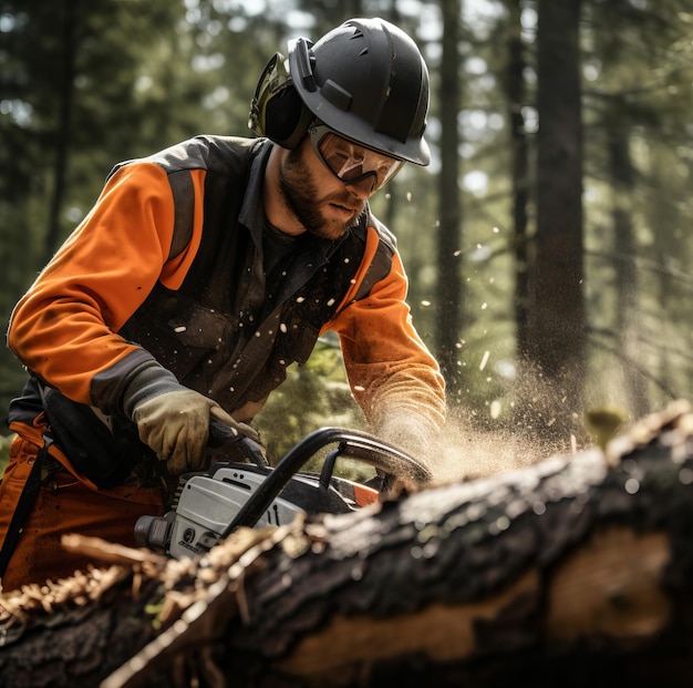 Man with the chainsaw is working in the forest and cutting a log mockup